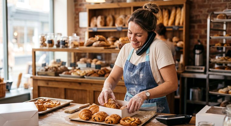 Bakery owner boxing pastries while taking an order on the phone