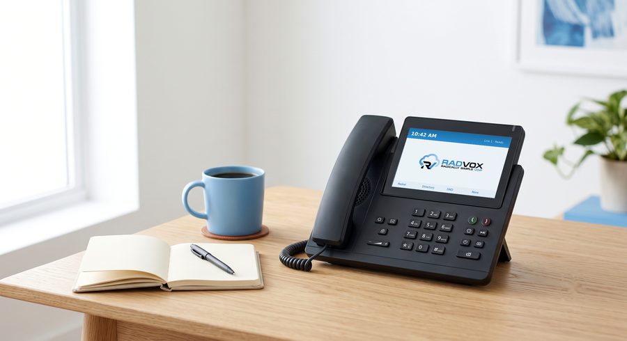 RADvoice desk phone with the RADVOX home screen