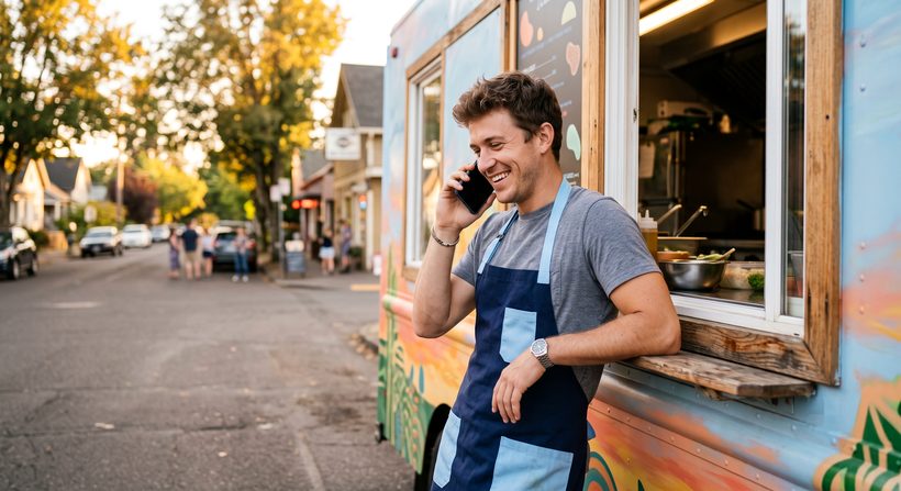 Food truck owner taking a customer call on his cell phone