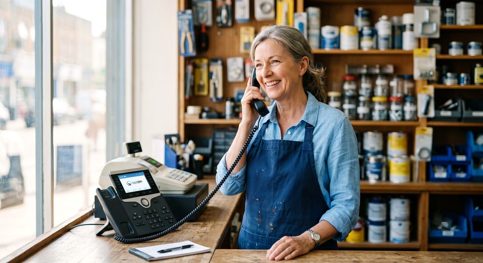 Hardware store owner answering her RADVOX desk phone at the counter