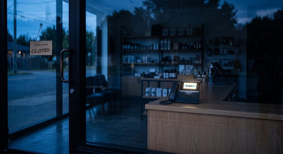 Closed shop at dusk with Orbit AI still answering on the glowing desk phone