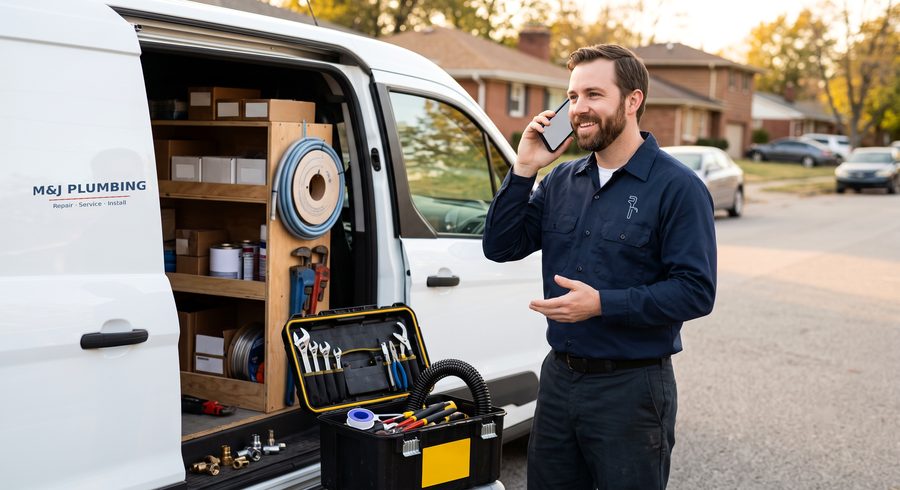 Service technician on a call beside his work van